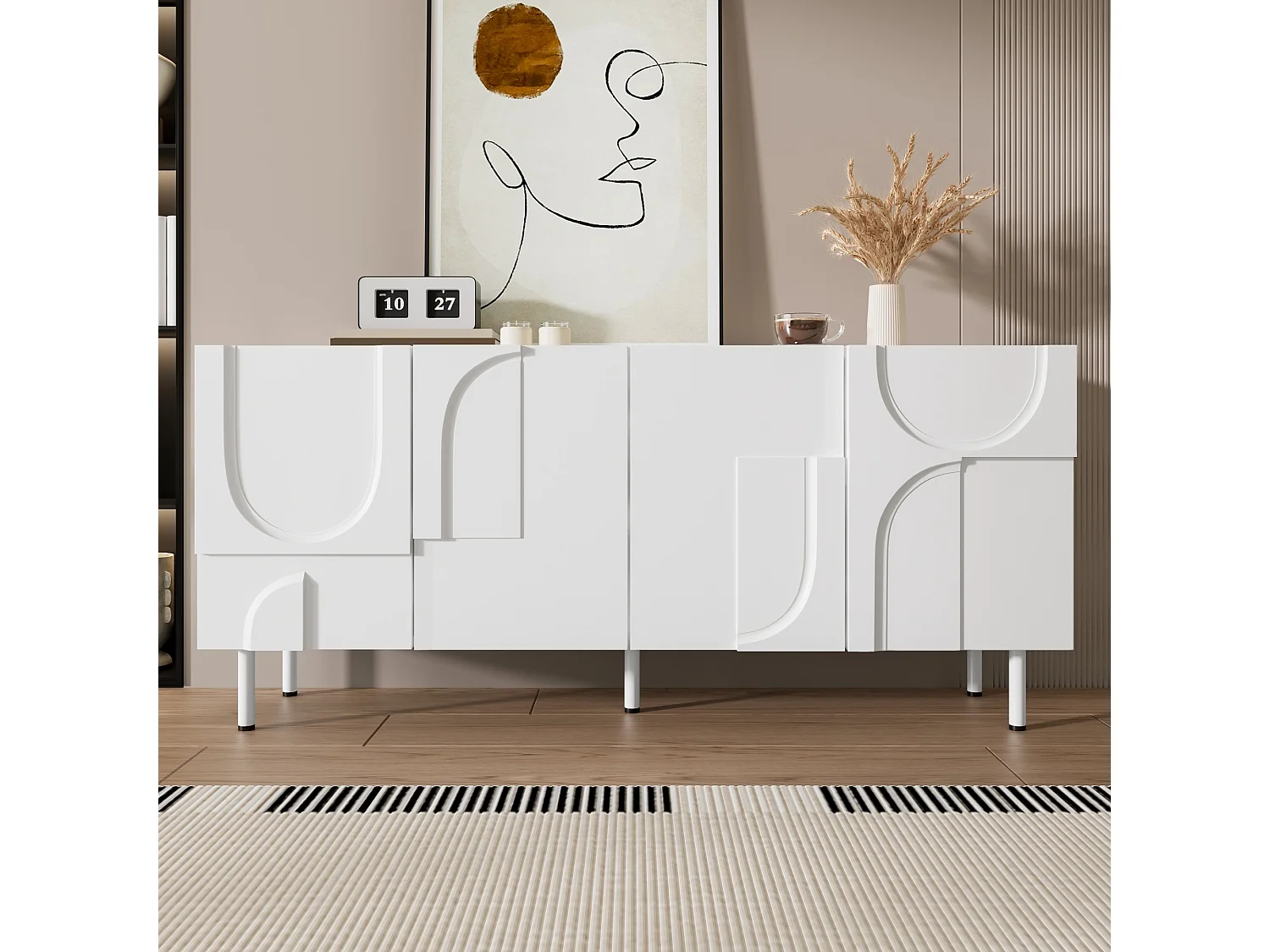 Buffet moderne design géométrique - 160 x 38.5 x 70 cm - avec courbes irrégulières + 4 portes - MDF + aggloméré - blanc