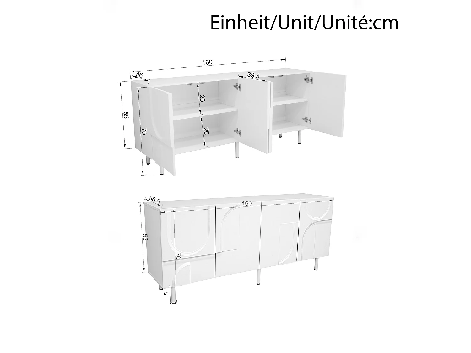 Buffet moderne design géométrique - 160 x 38.5 x 70 cm - avec courbes irrégulières + 4 portes - MDF + aggloméré - blanc