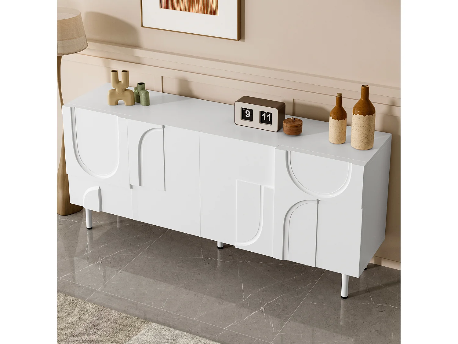 Buffet moderne design géométrique - 160 x 38.5 x 70 cm - avec courbes irrégulières + 4 portes - MDF + aggloméré - blanc