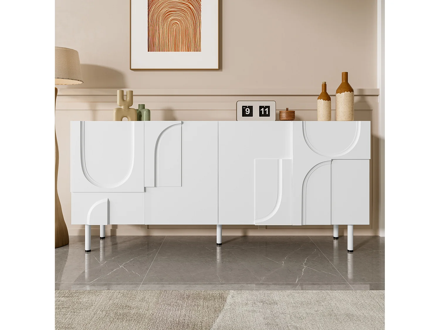 Buffet moderne design géométrique - 160 x 38.5 x 70 cm - avec courbes irrégulières + 4 portes - MDF + aggloméré - blanc