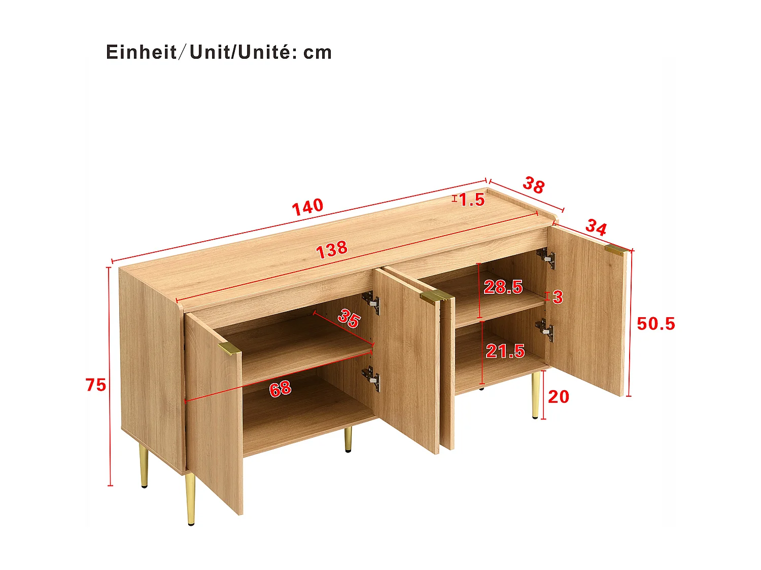 Buffet moderne et simple - 140 x 38 x 75 cm - meuble de rangement pour salon avec 4 portes - MDF - naturel
