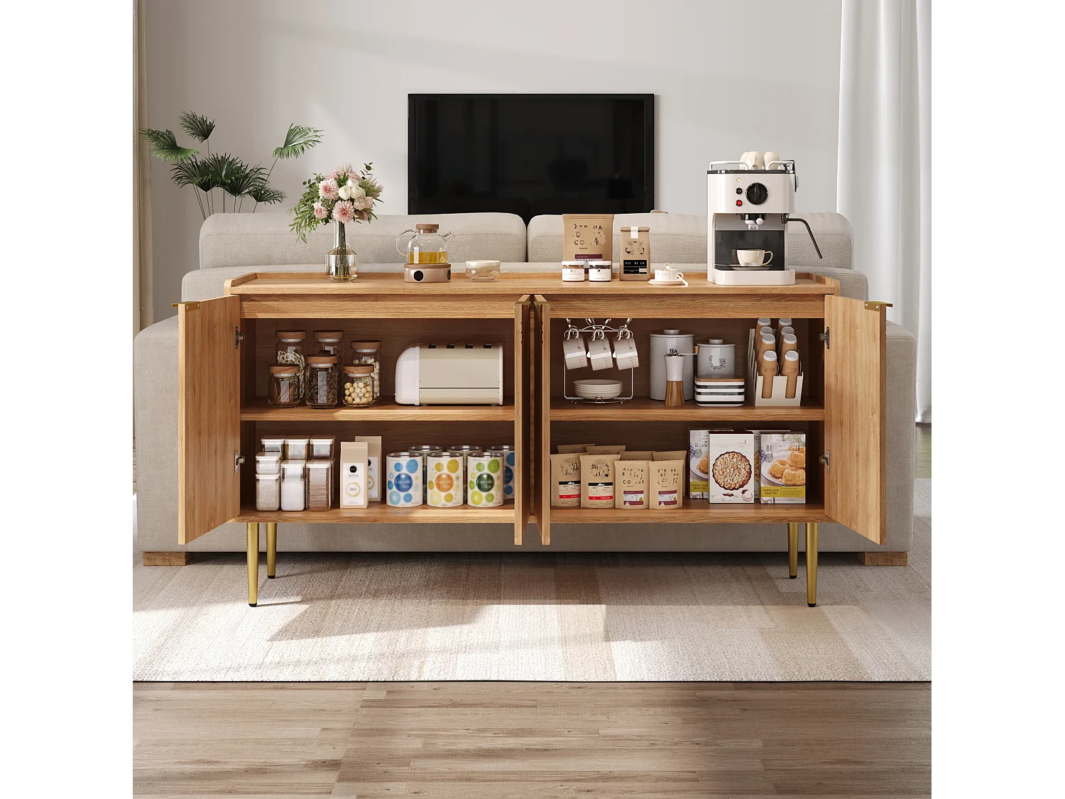 Buffet moderne et simple - 140 x 38 x 75 cm - meuble de rangement pour salon avec 4 portes - MDF - naturel