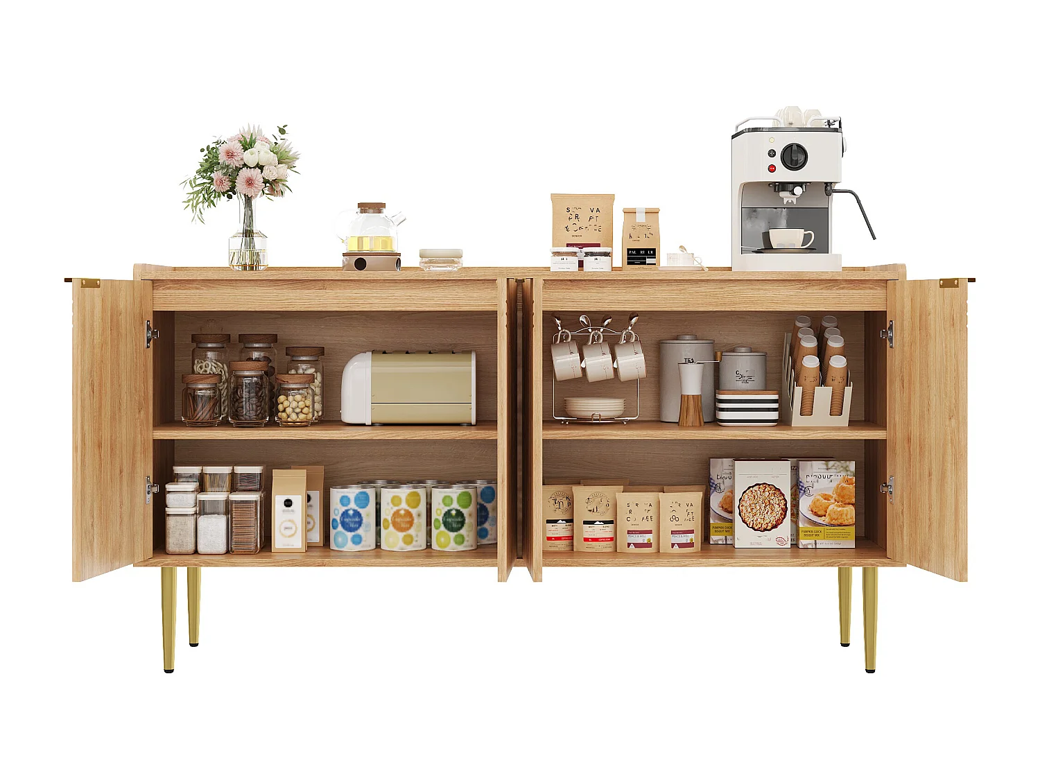 Credenza moderna e semplice - 140 x 38 x 75 cm - mobile contenitore per soggiorno con 4 ante - MDF - naturale