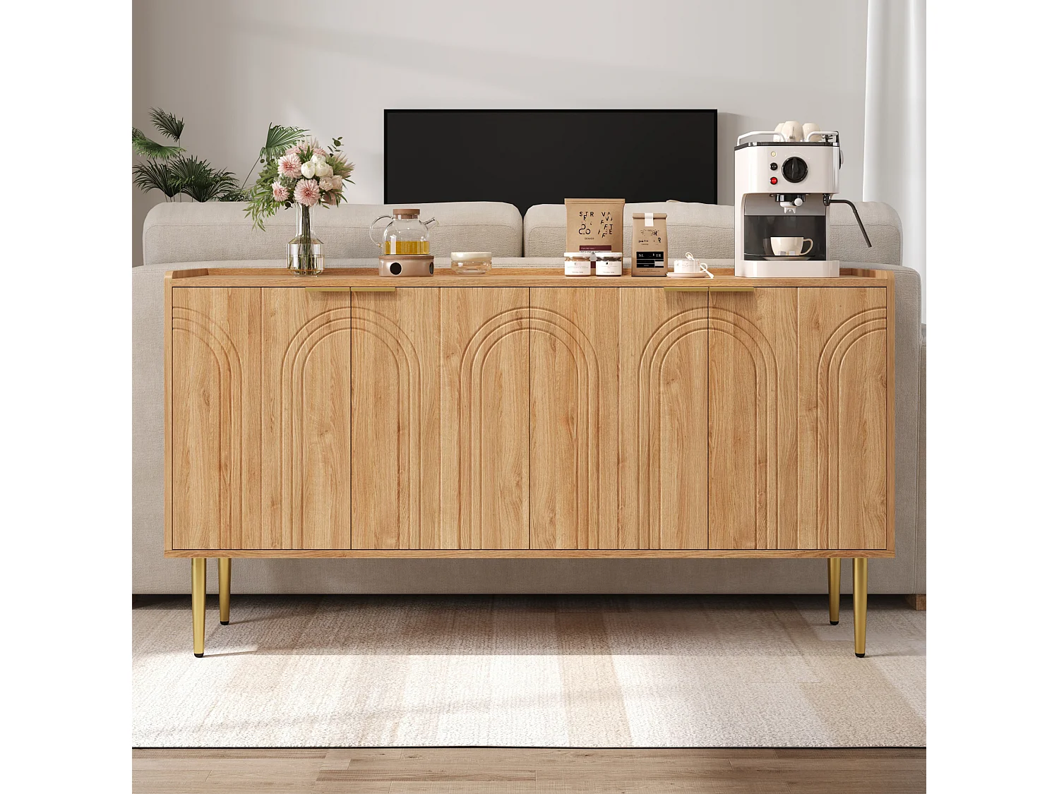 Credenza moderna e semplice - 140 x 38 x 75 cm - mobile contenitore per soggiorno con 4 ante - MDF - naturale