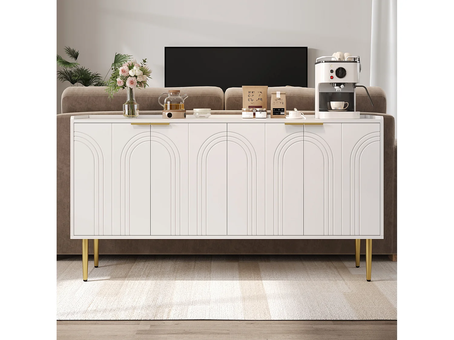 Buffet moderne et simple - 140 x 38 x 75 cm - meuble de rangement pour salon avec 4 portes - MDF - blanc
