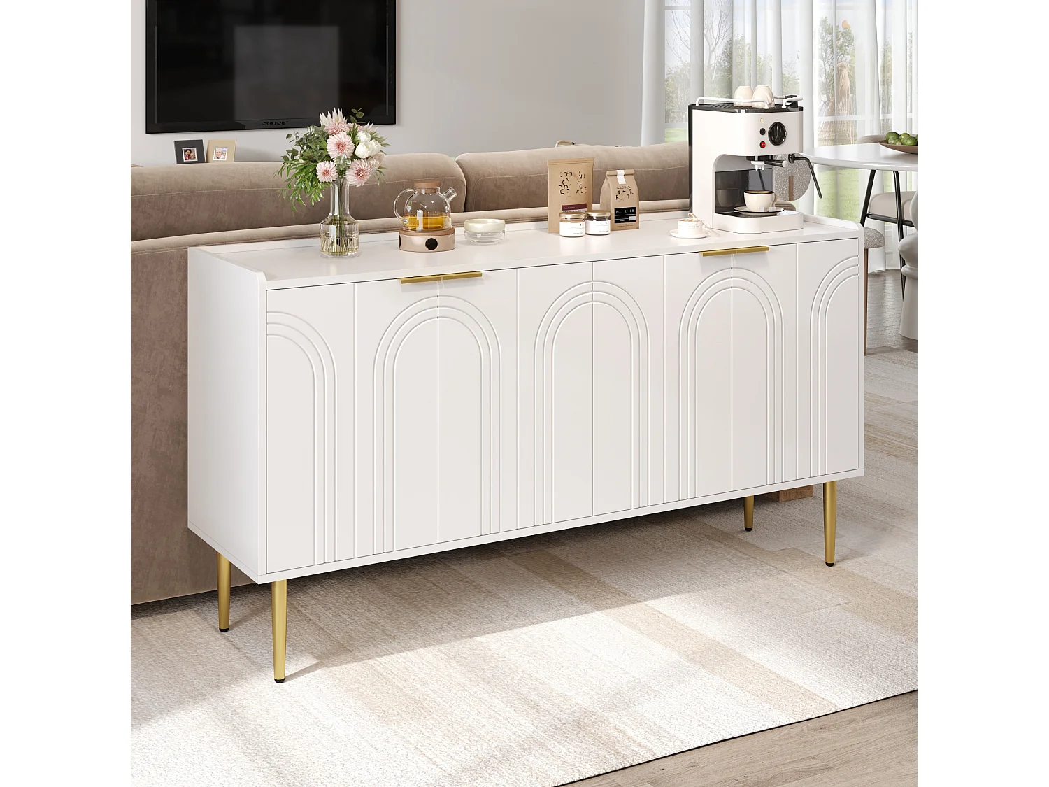 Modernes und schlichtes Sideboard – 140 x 38 x 75 cm – Wohnzimmer-Aufbewahrungsmöbel mit 4 Türen – MDF – weiß