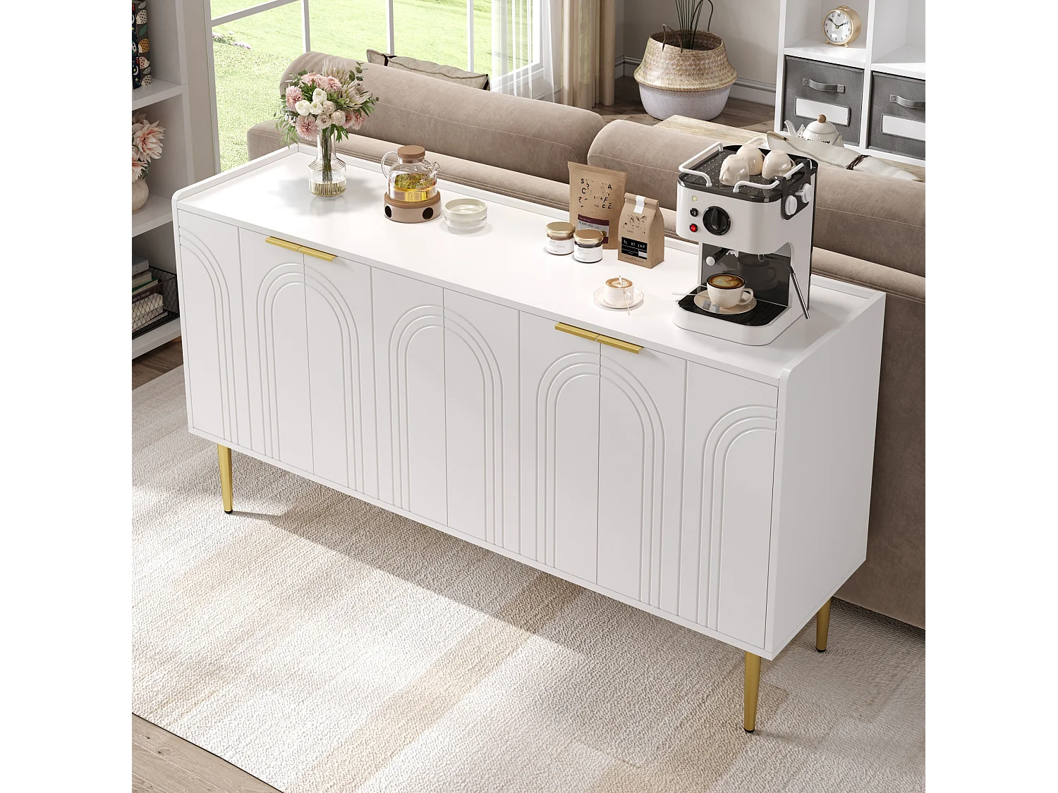 Modernes und schlichtes Sideboard – 140 x 38 x 75 cm – Wohnzimmer-Aufbewahrungsmöbel mit 4 Türen – MDF – weiß