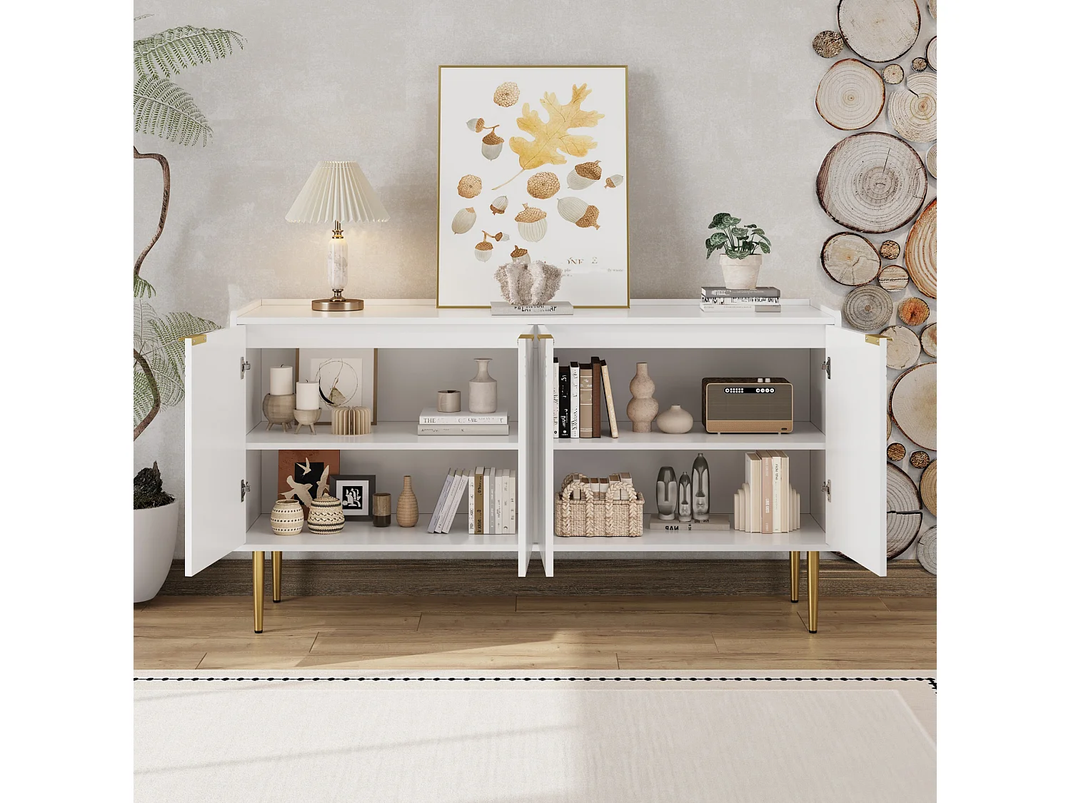 Modernes und schlichtes Sideboard – 140 x 38 x 75 cm – Wohnzimmer-Aufbewahrungsmöbel mit 4 Türen – MDF – weiß