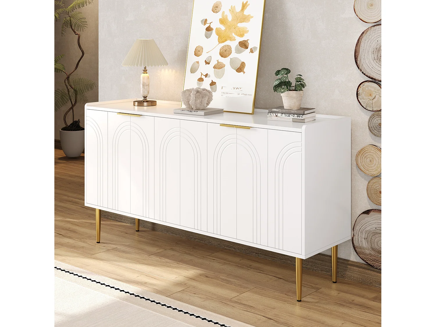 Modernes und schlichtes Sideboard – 140 x 38 x 75 cm – Wohnzimmer-Aufbewahrungsmöbel mit 4 Türen – MDF – weiß