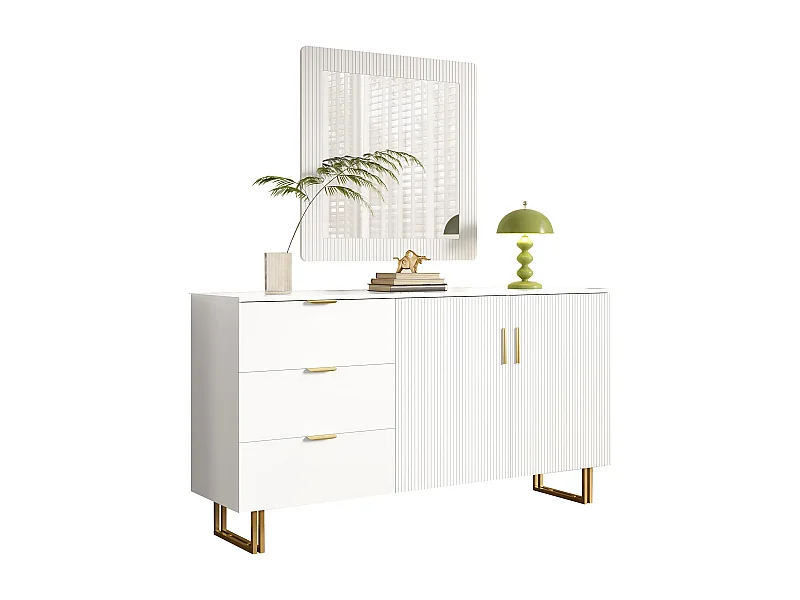 Zestaw lustro i kredens ze złotymi uchwytami - lustro ścienne 80 x 80 cm - kredens z 3 szufladami i 2 drzwiami 160 x 40 x 81,5 cm