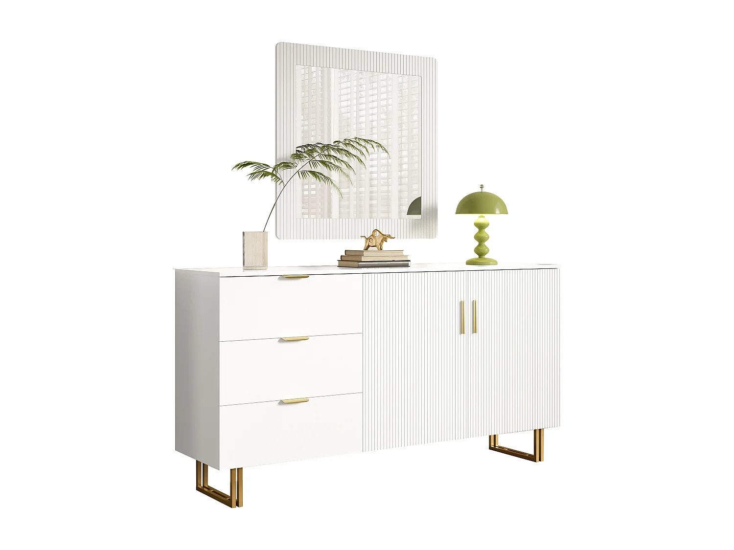 Spiegel- und Sideboard-Set mit goldenen Griffen – Wandspiegel 80 x 80 cm – Sideboard mit 3 Schubladen und 2 Türen 160 x 40 x 81,5 cm