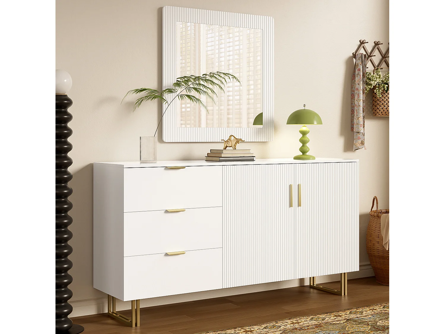 Spiegel- und Sideboard-Set mit goldenen Griffen – Wandspiegel 80 x 80 cm – Sideboard mit 3 Schubladen und 2 Türen 160 x 40 x 81,5 cm