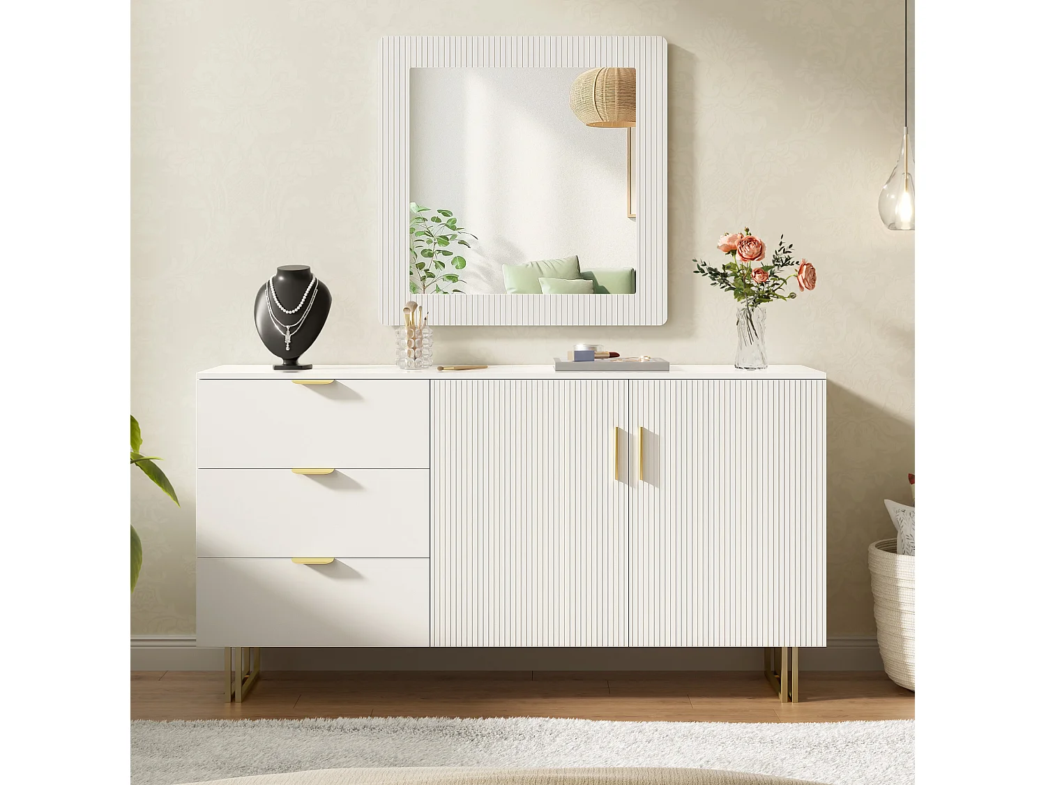 Spiegel- und Sideboard-Set mit goldenen Griffen – Wandspiegel 80 x 80 cm – Sideboard mit 3 Schubladen und 2 Türen 160 x 40 x 81,5 cm