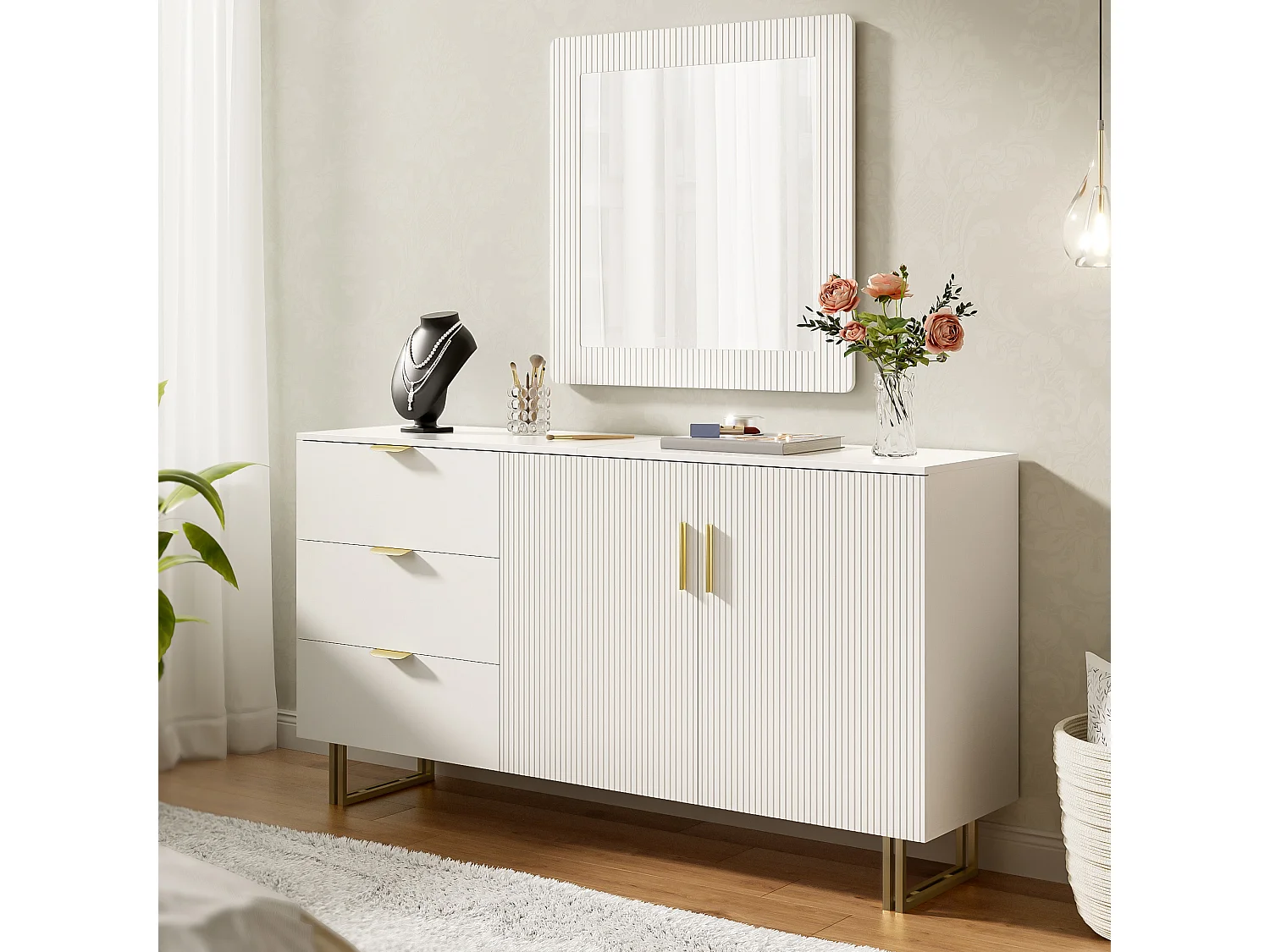 Spiegel- und Sideboard-Set mit goldenen Griffen – Wandspiegel 80 x 80 cm – Sideboard mit 3 Schubladen und 2 Türen 160 x 40 x 81,5 cm