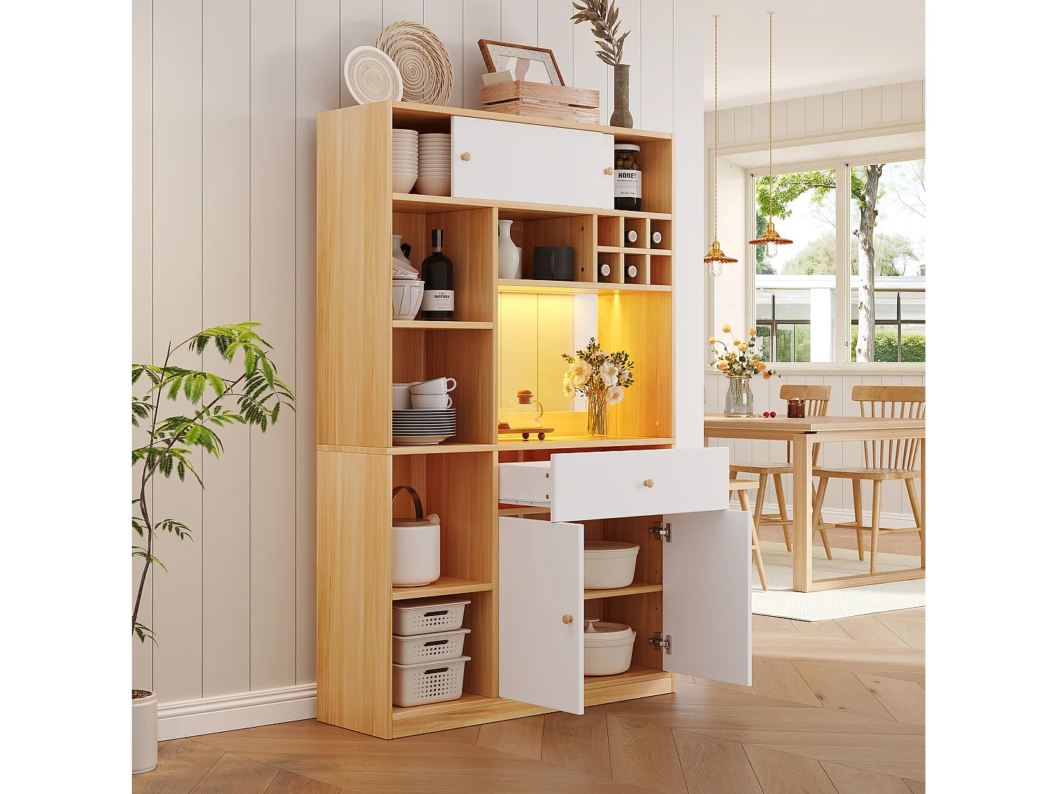 Buffet haut de cuisine avec Leds - 115 x 35 x 180 cm - avec 1 tiroir + 3 portes + étagères - aggloméré - blanc + naturel