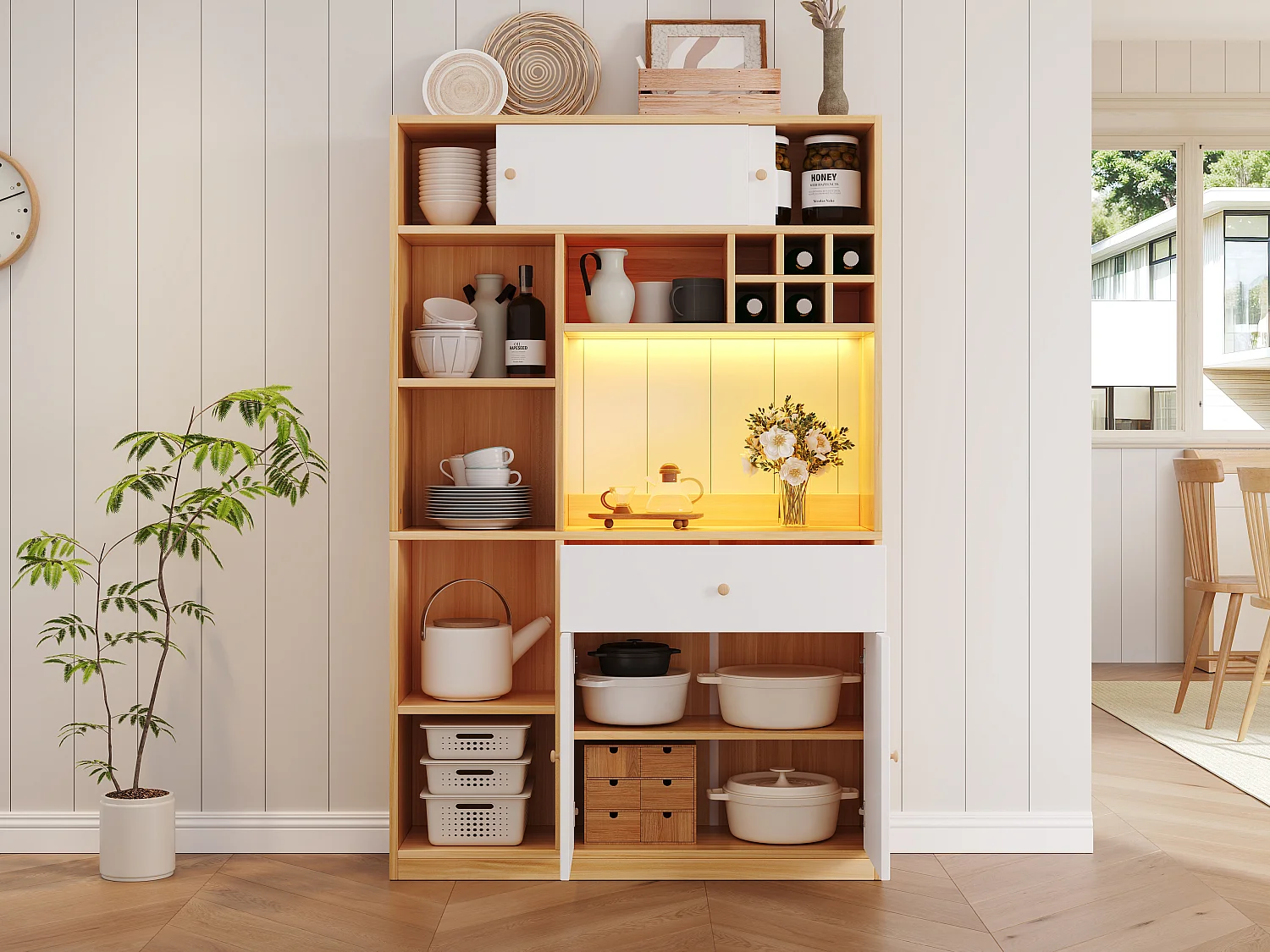 Buffet haut de cuisine avec Leds - 115 x 35 x 180 cm - avec 1 tiroir + 3 portes + étagères - aggloméré - blanc + naturel