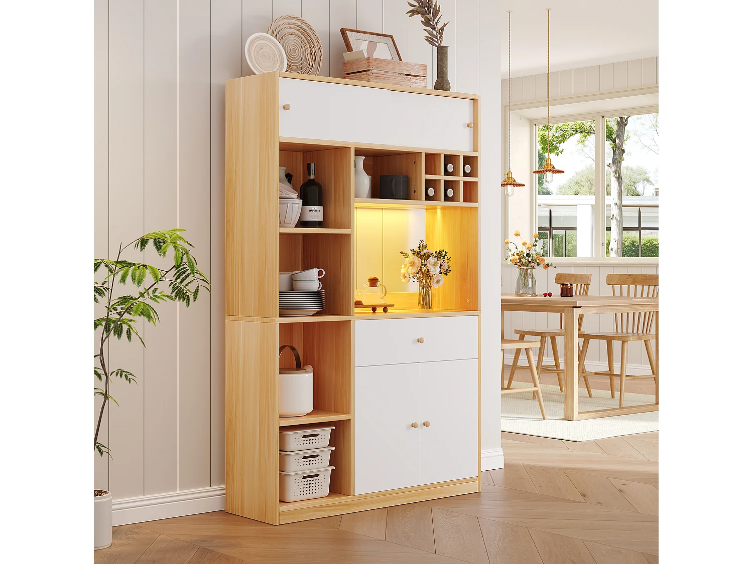 Buffet haut de cuisine avec Leds - 115 x 35 x 180 cm - avec 1 tiroir + 3 portes + étagères - aggloméré - blanc + naturel