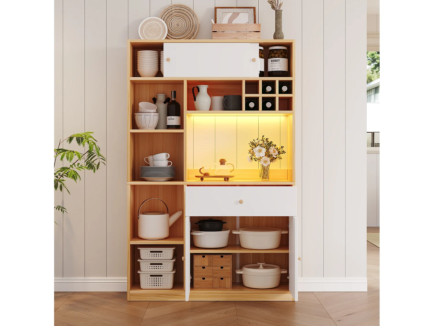 Buffet haut de cuisine avec Leds - 115 x 35 x 180 cm - avec 1 tiroir + 3 portes + étagères - aggloméré - blanc + naturel