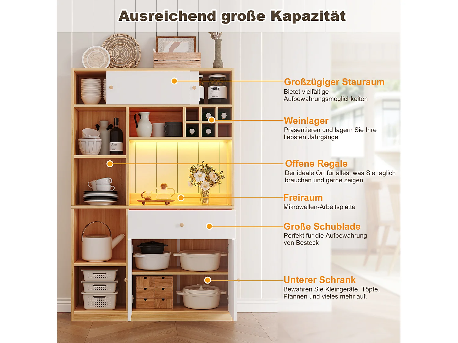 Buffet haut de cuisine avec Leds - 115 x 35 x 180 cm - avec 1 tiroir + 3 portes + étagères - aggloméré - blanc + naturel