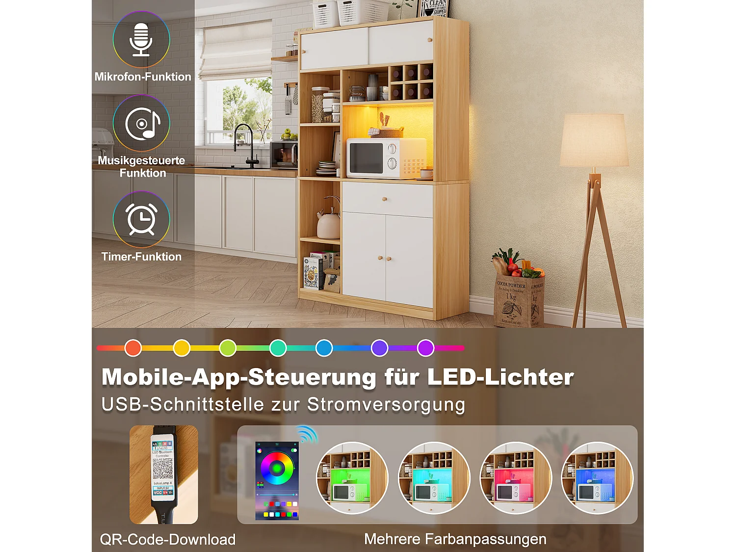 Buffet haut de cuisine avec Leds - 115 x 35 x 180 cm - avec 1 tiroir + 3 portes + étagères - aggloméré - blanc + naturel