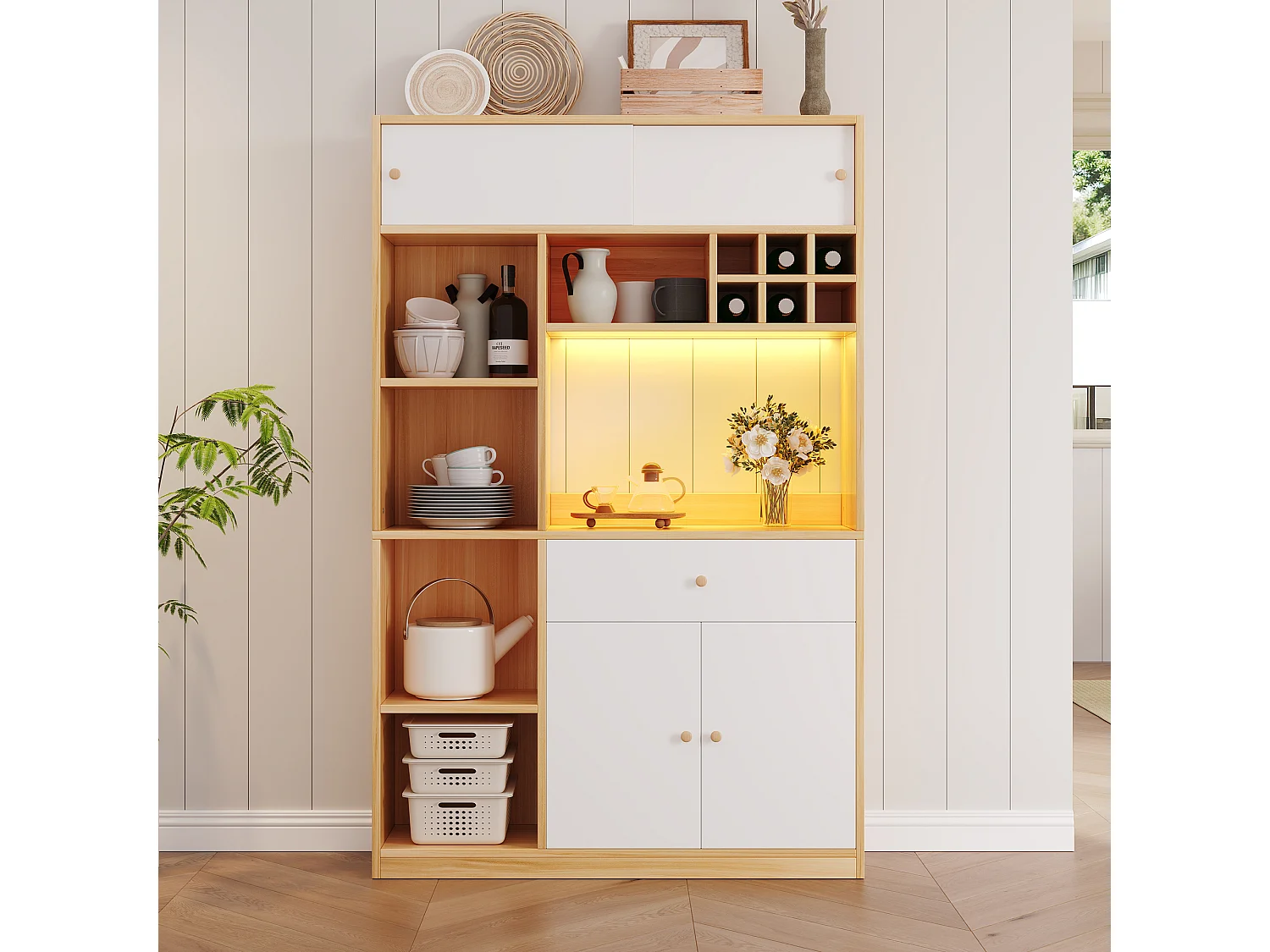 Buffet haut de cuisine avec Leds - 115 x 35 x 180 cm - avec 1 tiroir + 3 portes + étagères - aggloméré - blanc + naturel