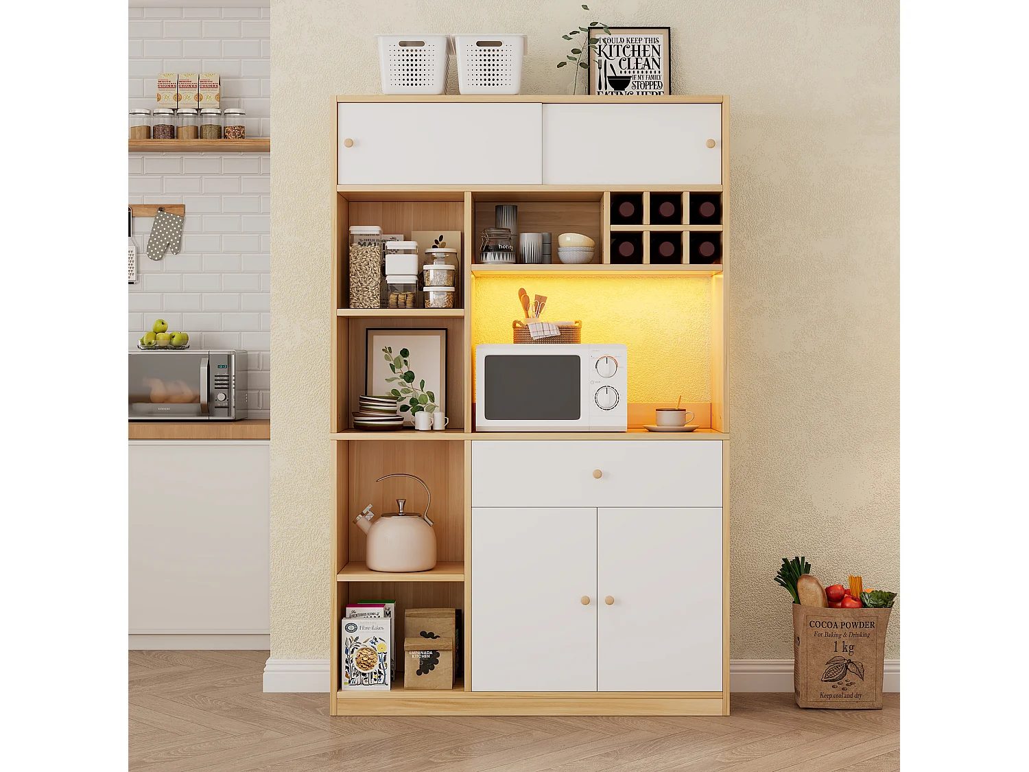 Buffet haut de cuisine avec Leds - 115 x 35 x 180 cm - avec 1 tiroir + 3 portes + étagères - aggloméré - blanc + naturel