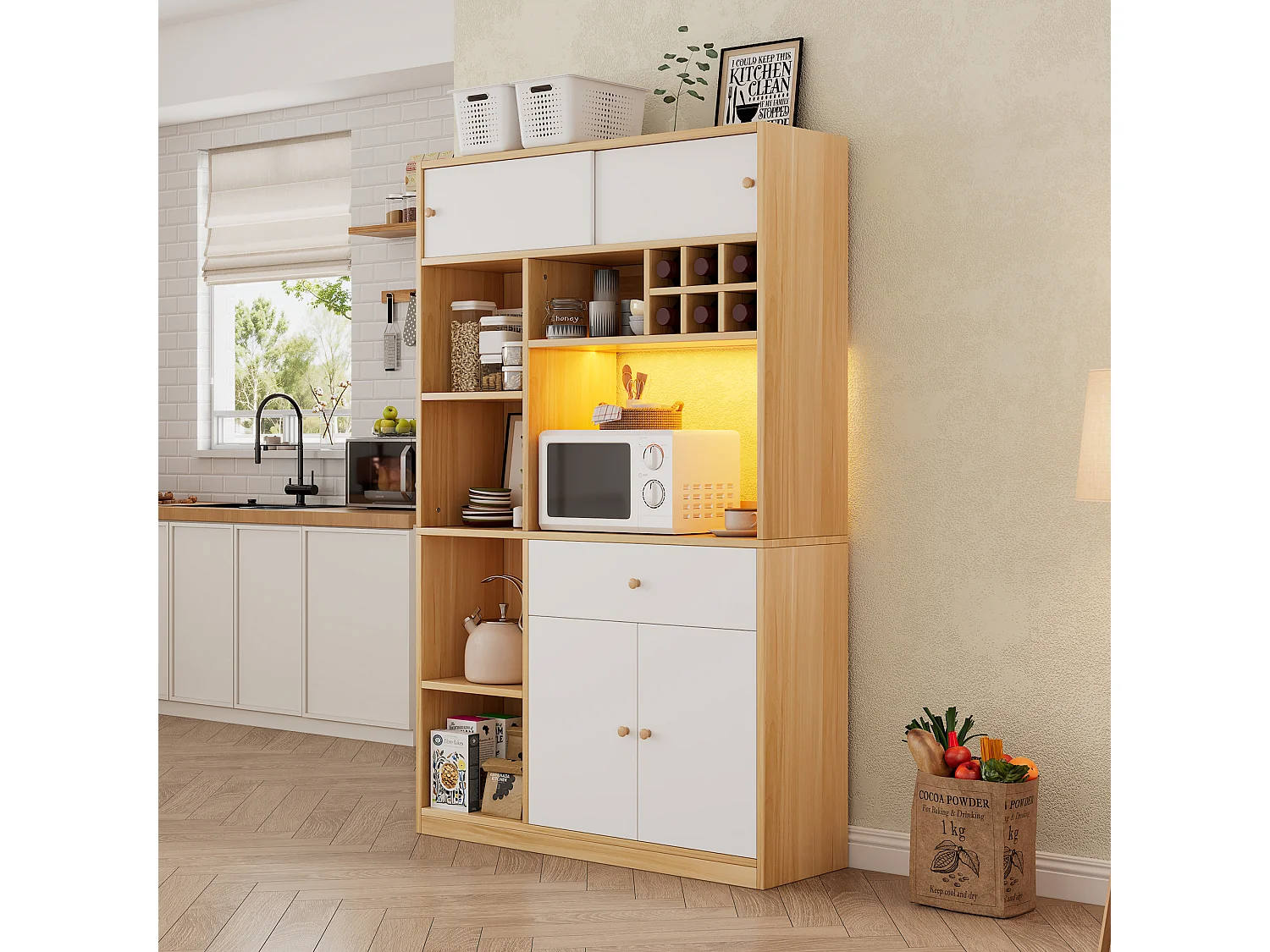 Buffet haut de cuisine avec Leds - 115 x 35 x 180 cm - avec 1 tiroir + 3 portes + étagères - aggloméré - blanc + naturel