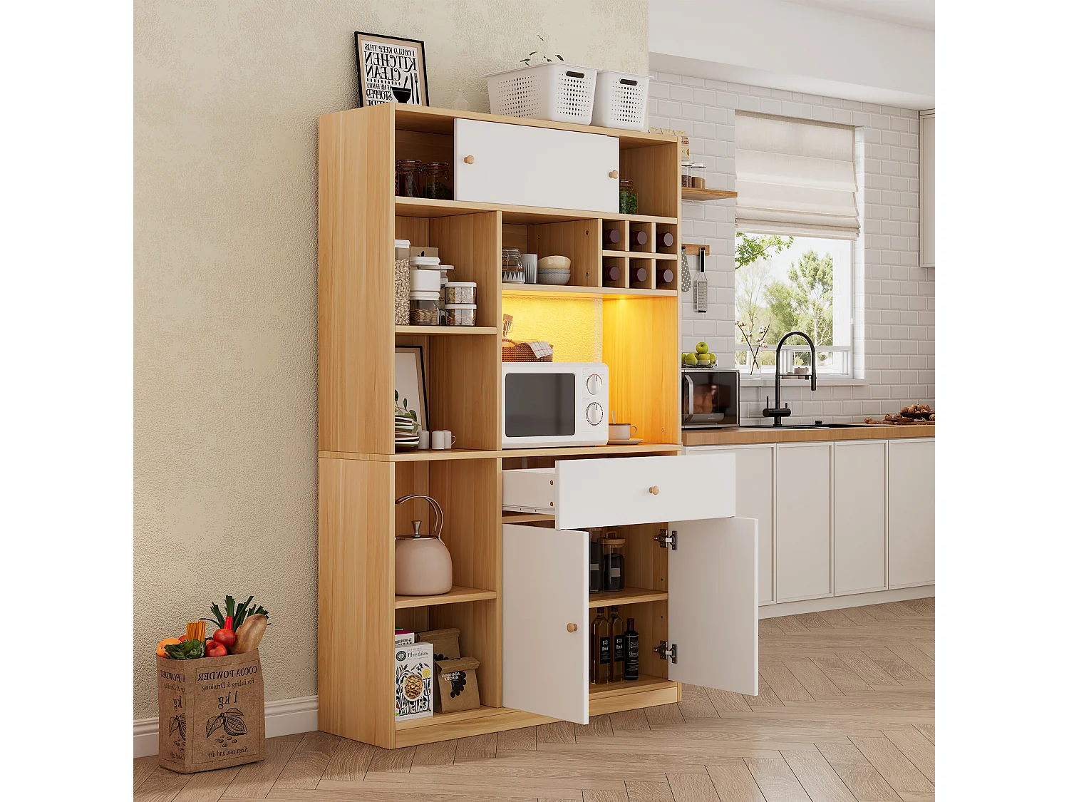 Buffet haut de cuisine avec Leds - 115 x 35 x 180 cm - avec 1 tiroir + 3 portes + étagères - aggloméré - blanc + naturel