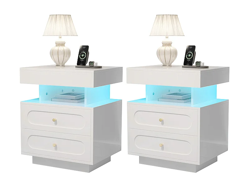 Set aus 2 Nachttischen mit LED-Beleuchtung – 2 x 50 x 40 x 60 cm – Nachttisch mit 2 Schubladen + 1 offenem Fach – Spanplatte – weiß