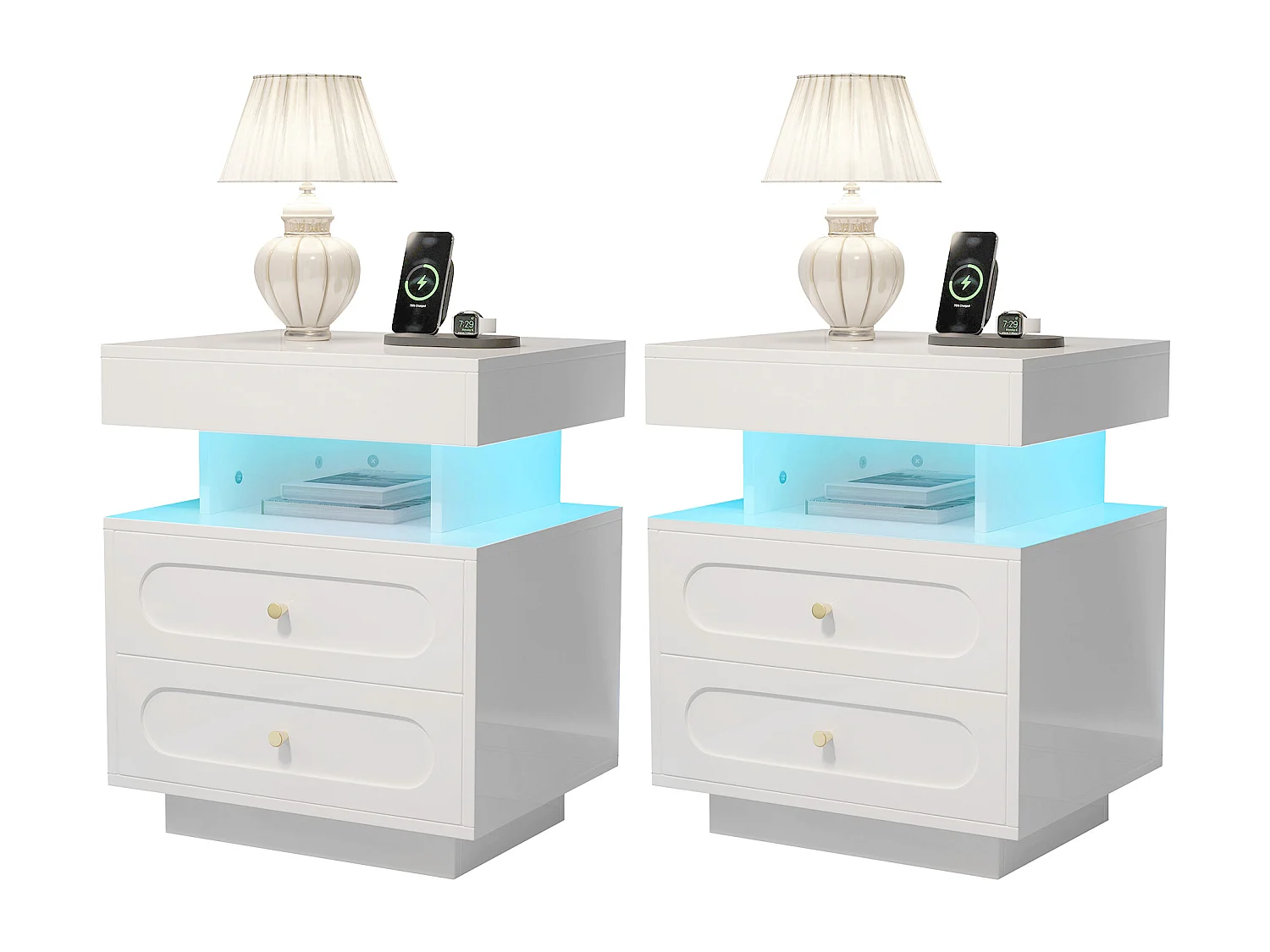 Set aus 2 Nachttischen mit LED-Beleuchtung – 2 x 50 x 40 x 60 cm – Nachttisch mit 2 Schubladen + 1 offenem Fach – Spanplatte – weiß