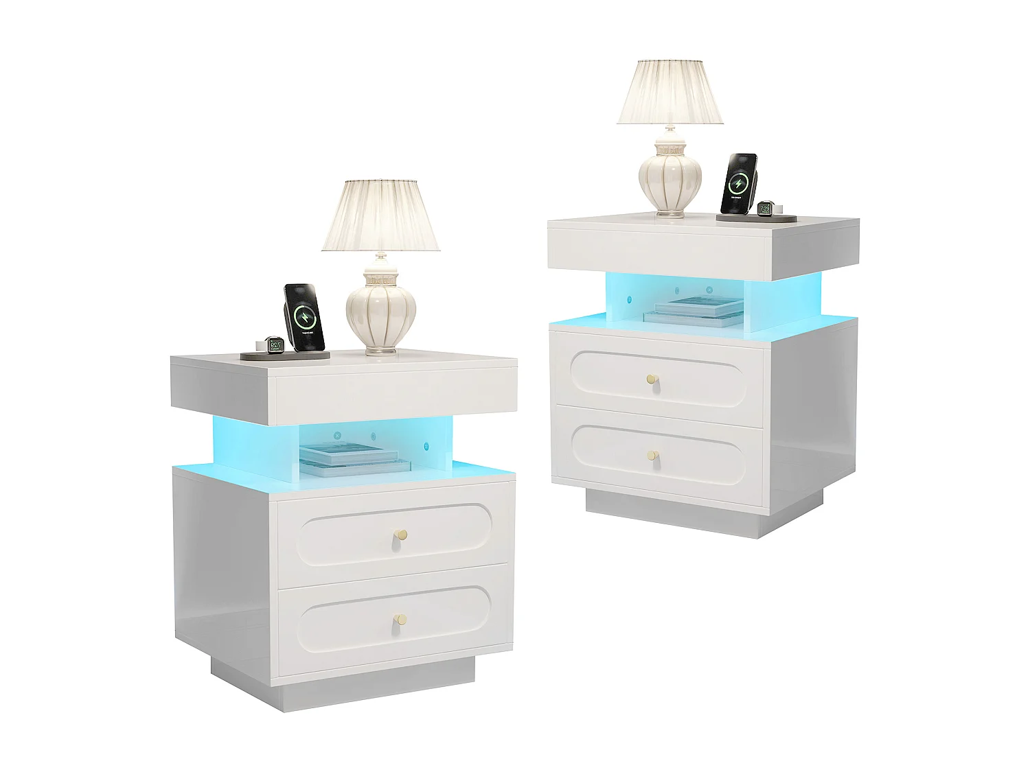 Set aus 2 Nachttischen mit LED-Beleuchtung – 2 x 50 x 40 x 60 cm – Nachttisch mit 2 Schubladen + 1 offenem Fach – Spanplatte – weiß