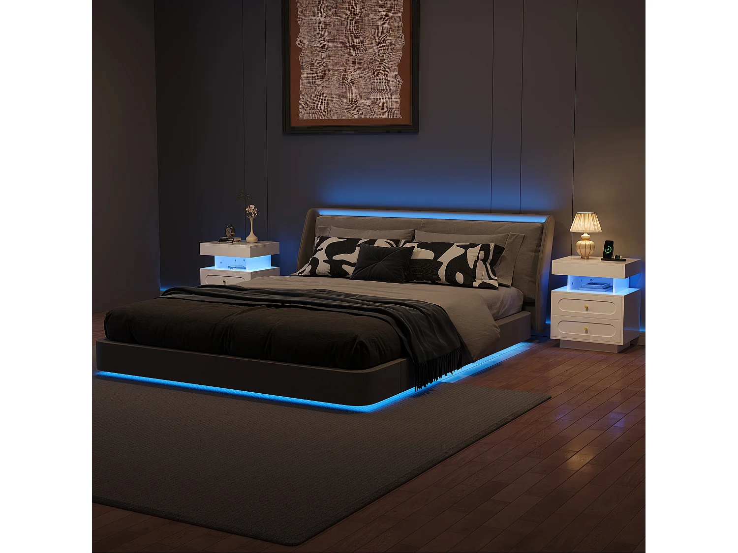 Set aus 2 Nachttischen mit LED-Beleuchtung – 2 x 50 x 40 x 60 cm – Nachttisch mit 2 Schubladen + 1 offenem Fach – Spanplatte – weiß