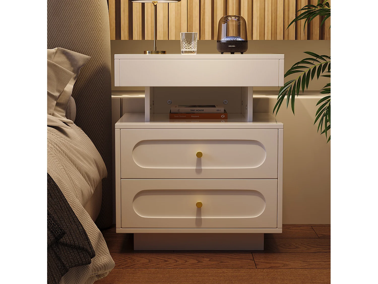 Set aus 2 Nachttischen mit LED-Beleuchtung – 2 x 50 x 40 x 60 cm – Nachttisch mit 2 Schubladen + 1 offenem Fach – Spanplatte – weiß