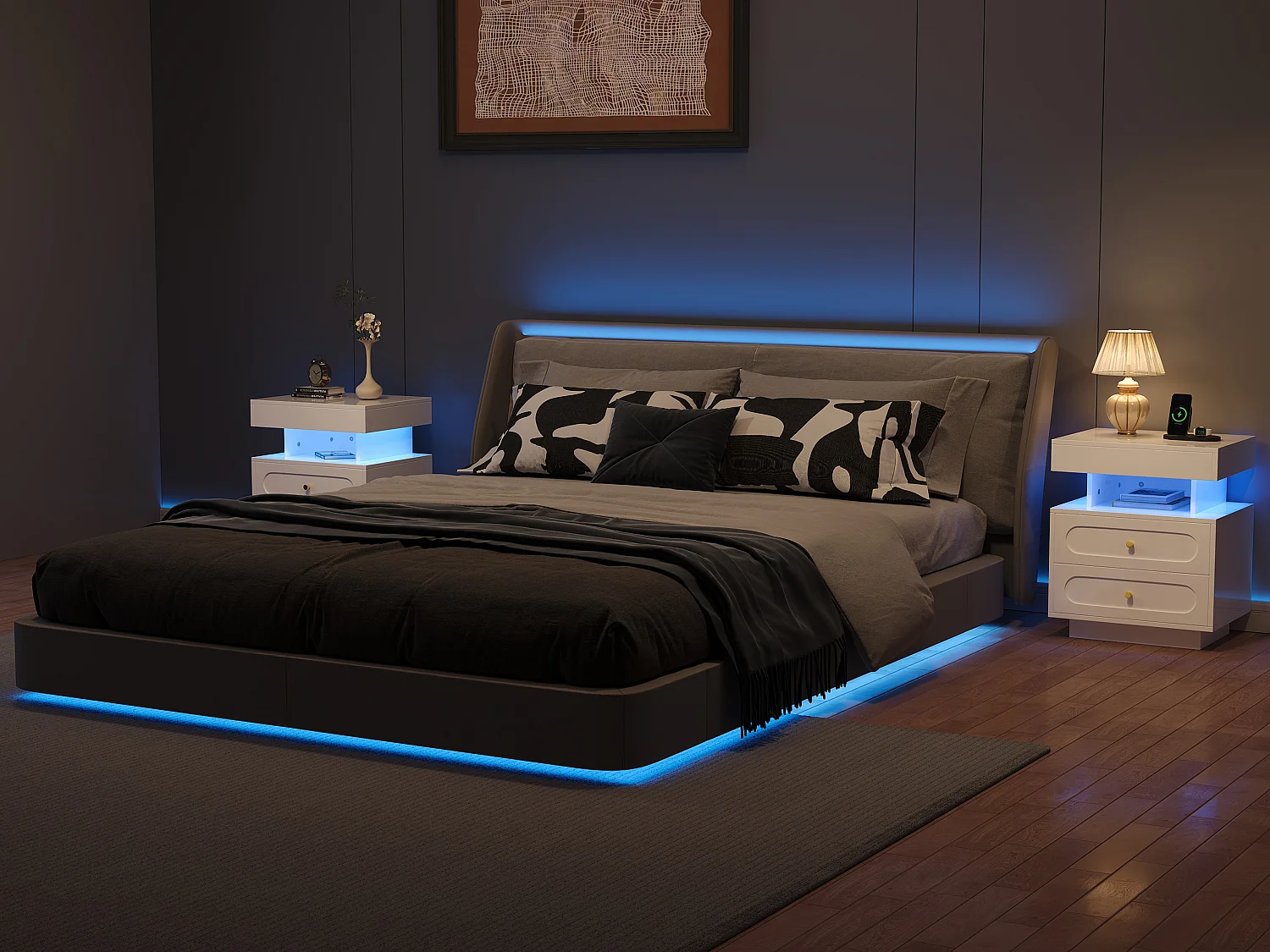 Set aus 2 Nachttischen mit LED-Beleuchtung – 2 x 50 x 40 x 60 cm – Nachttisch mit 2 Schubladen + 1 offenem Fach – Spanplatte – weiß