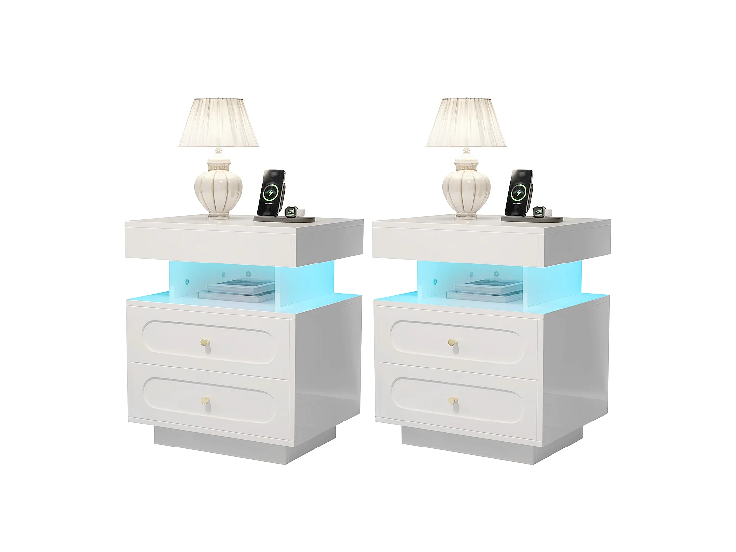 Set of 2 bedside tables with LED lights - 2 x 50 x 40 x 60 cm - bedside table with 2 drawers + 1 open shelf - chipboard - white