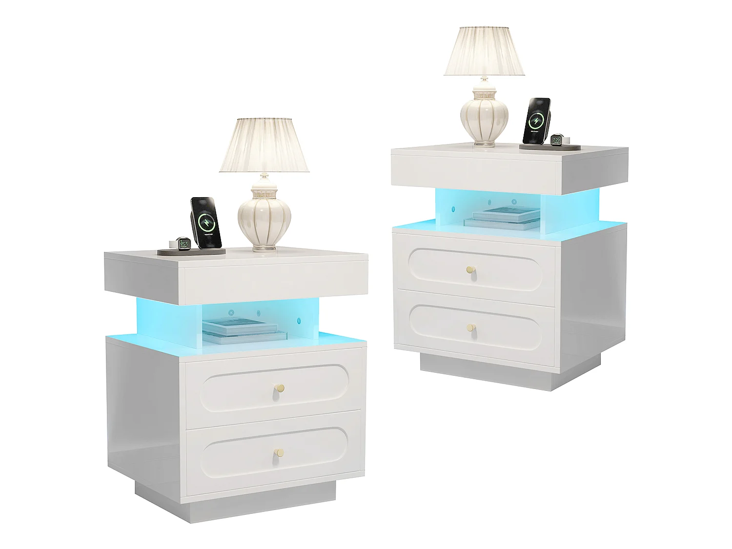 Set of 2 bedside tables with LED lights - 2 x 50 x 40 x 60 cm - bedside table with 2 drawers + 1 open shelf - chipboard - white