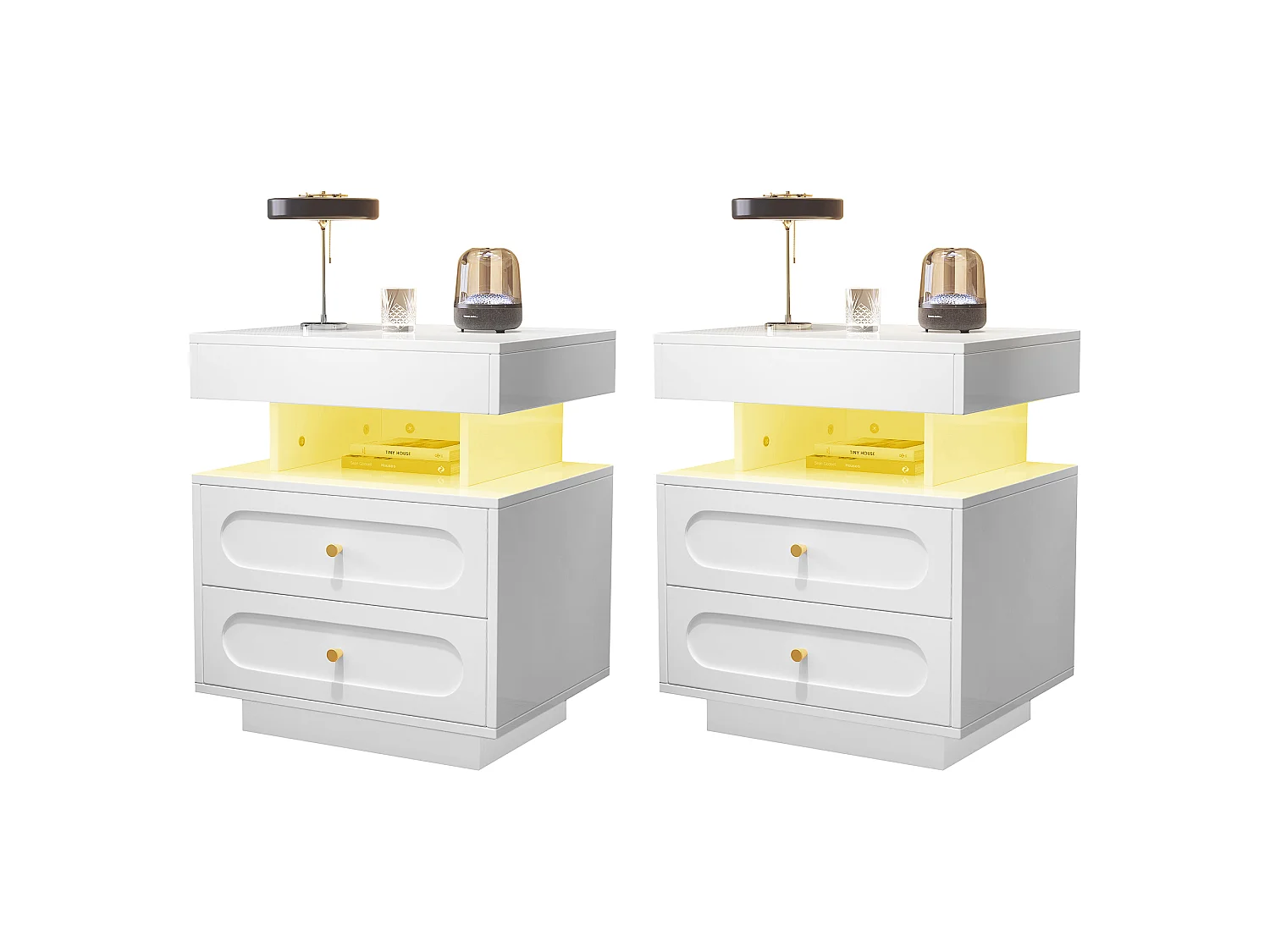 Set of 2 bedside tables with LED lights - 2 x 50 x 40 x 60 cm - bedside table with 2 drawers + 1 open shelf - chipboard - white