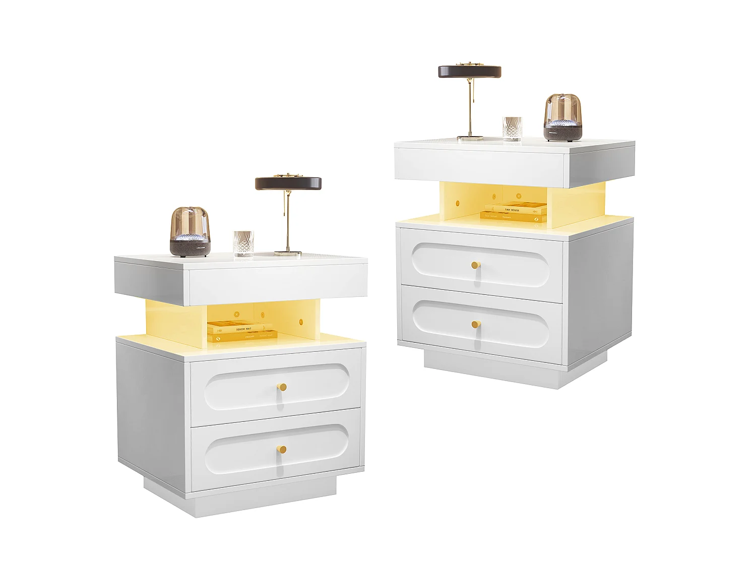 Set of 2 bedside tables with LED lights - 2 x 50 x 40 x 60 cm - bedside table with 2 drawers + 1 open shelf - chipboard - white