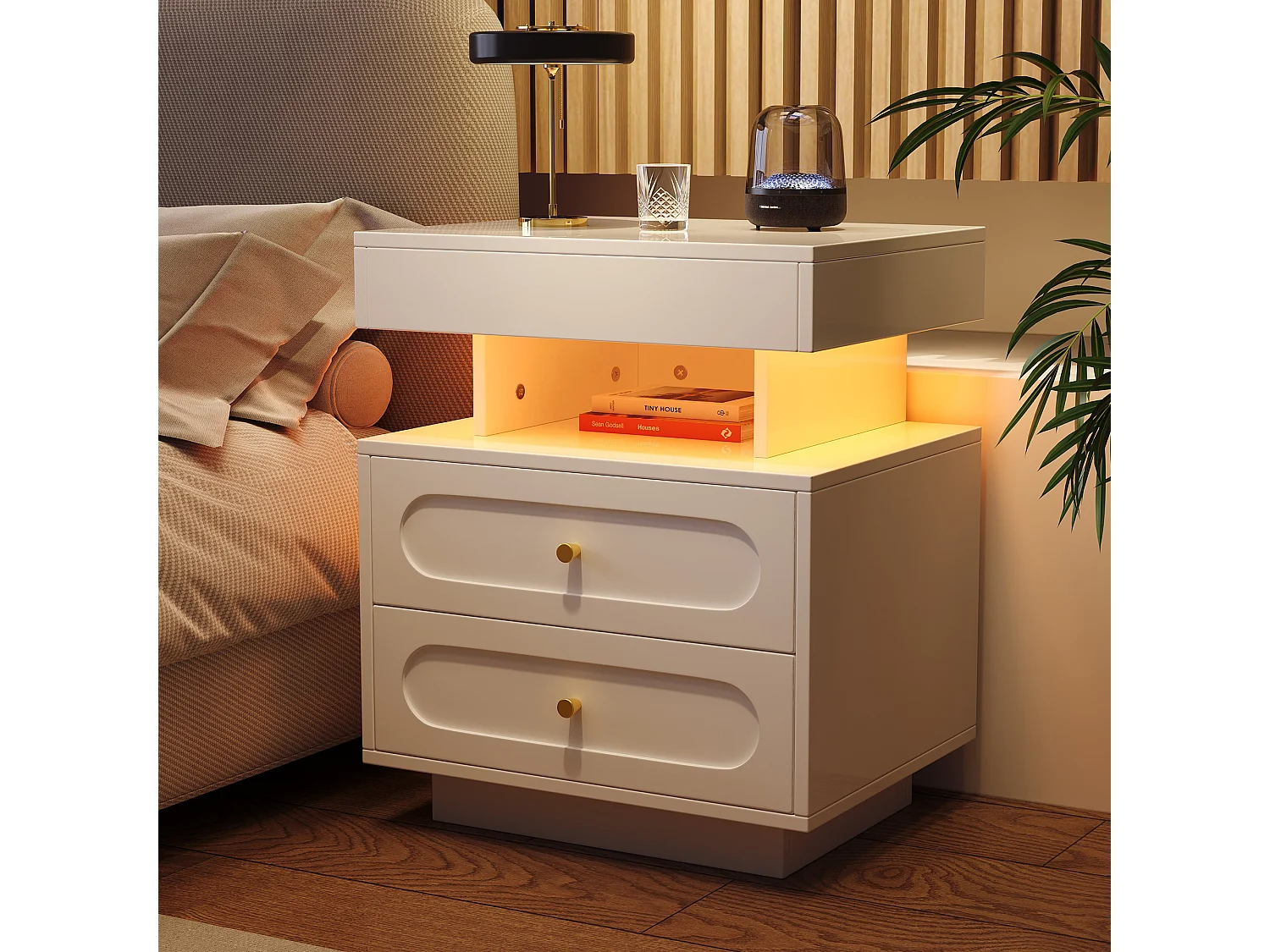 Set of 2 bedside tables with LED lights - 2 x 50 x 40 x 60 cm - bedside table with 2 drawers + 1 open shelf - chipboard - white