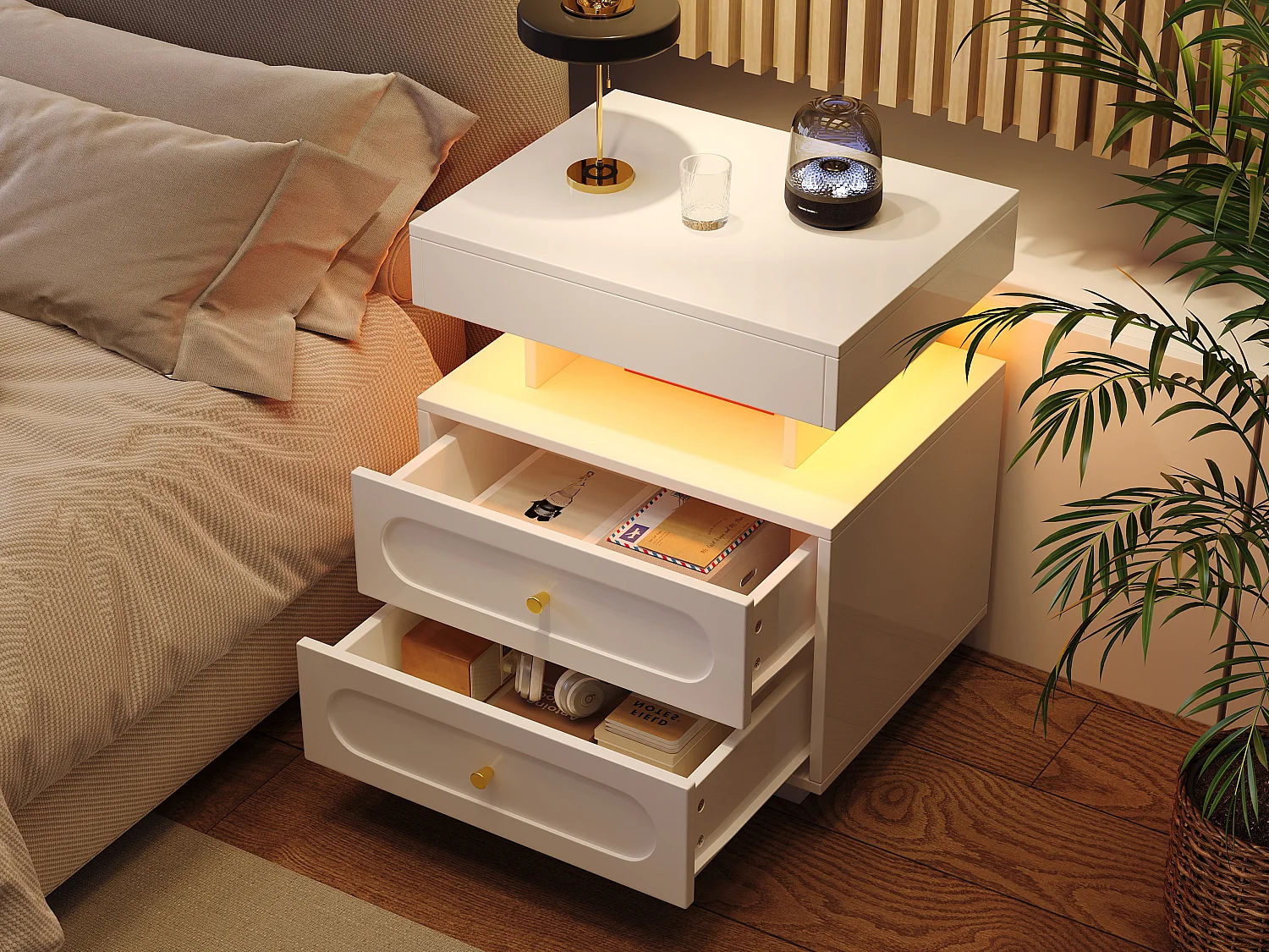 Set of 2 bedside tables with LED lights - 2 x 50 x 40 x 60 cm - bedside table with 2 drawers + 1 open shelf - chipboard - white