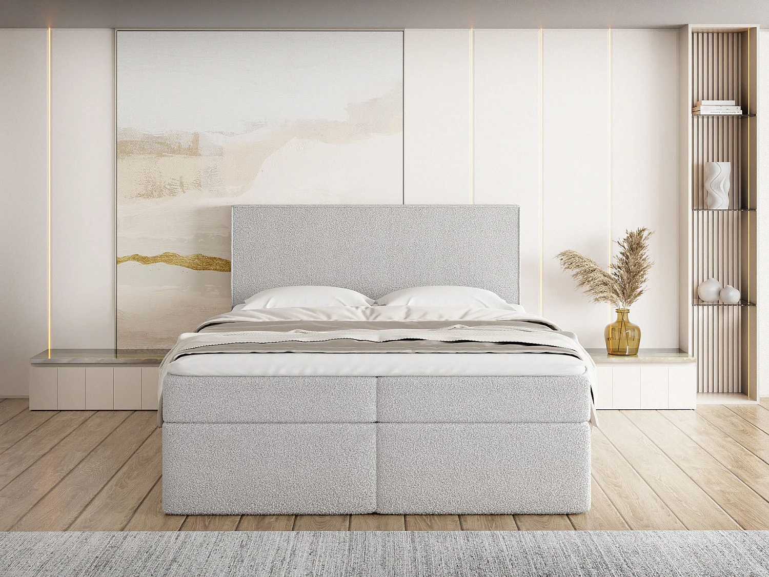Boxspringbett 160x200 cm mit Bettkasten, Gepolstert Doppelbett mit 7-Zonen Taschenfederkern-Matratze, 5 cm Komfortschaum-Topper Inklusive – Boucle Stoff Grau