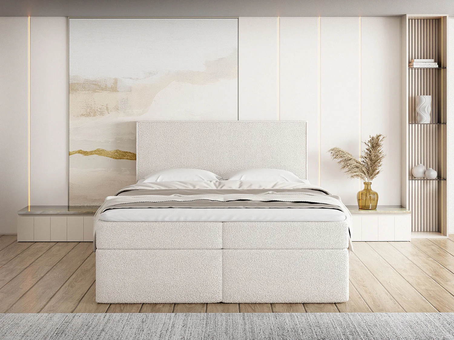 Boxspringbett 180x200 mit Bettkasten, Gepolstert Doppelbett mit H3 Multipocket-Matratze, H2 Visco-Topper – Stauraumbett mit hohem Kopfteil, Boucle – Terra – Creme