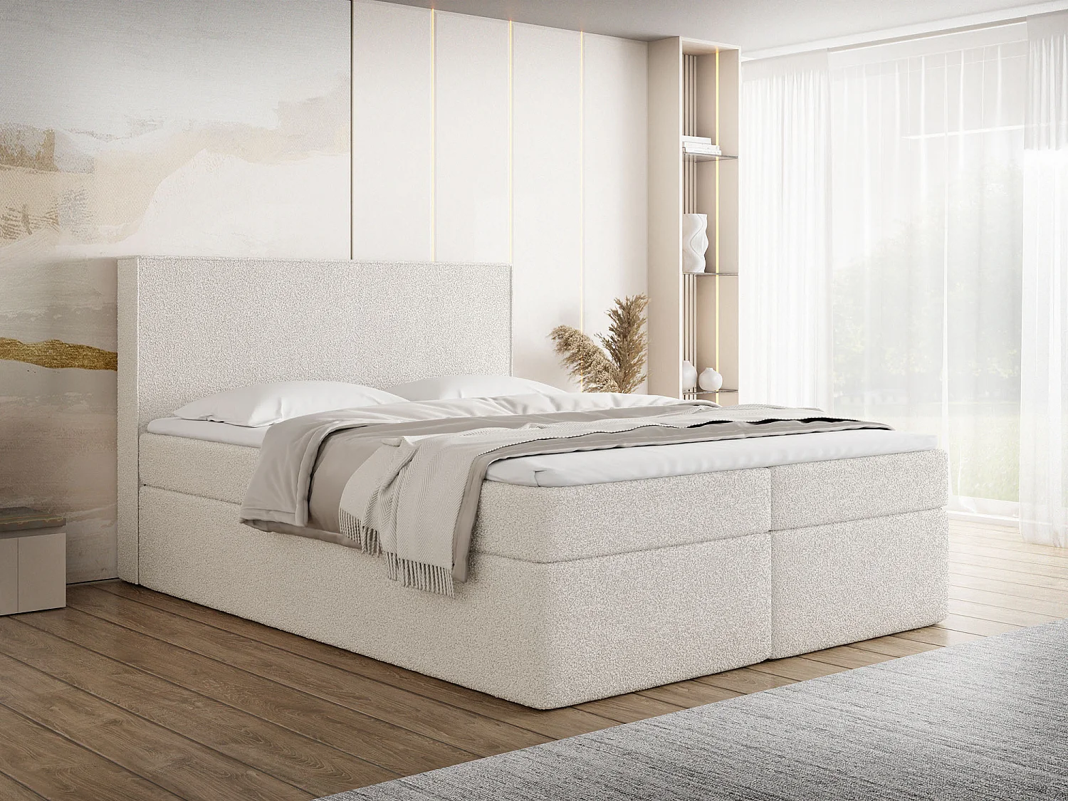 Boxspringbett 120x200 cm mit Bettkasten, Gepolstert Doppelbett mit 7-Zonen Taschenfederkern-Matratze, 5 cm Komfortschaum-Topper Inklusive – Boucle Stoff Creme, Weiß