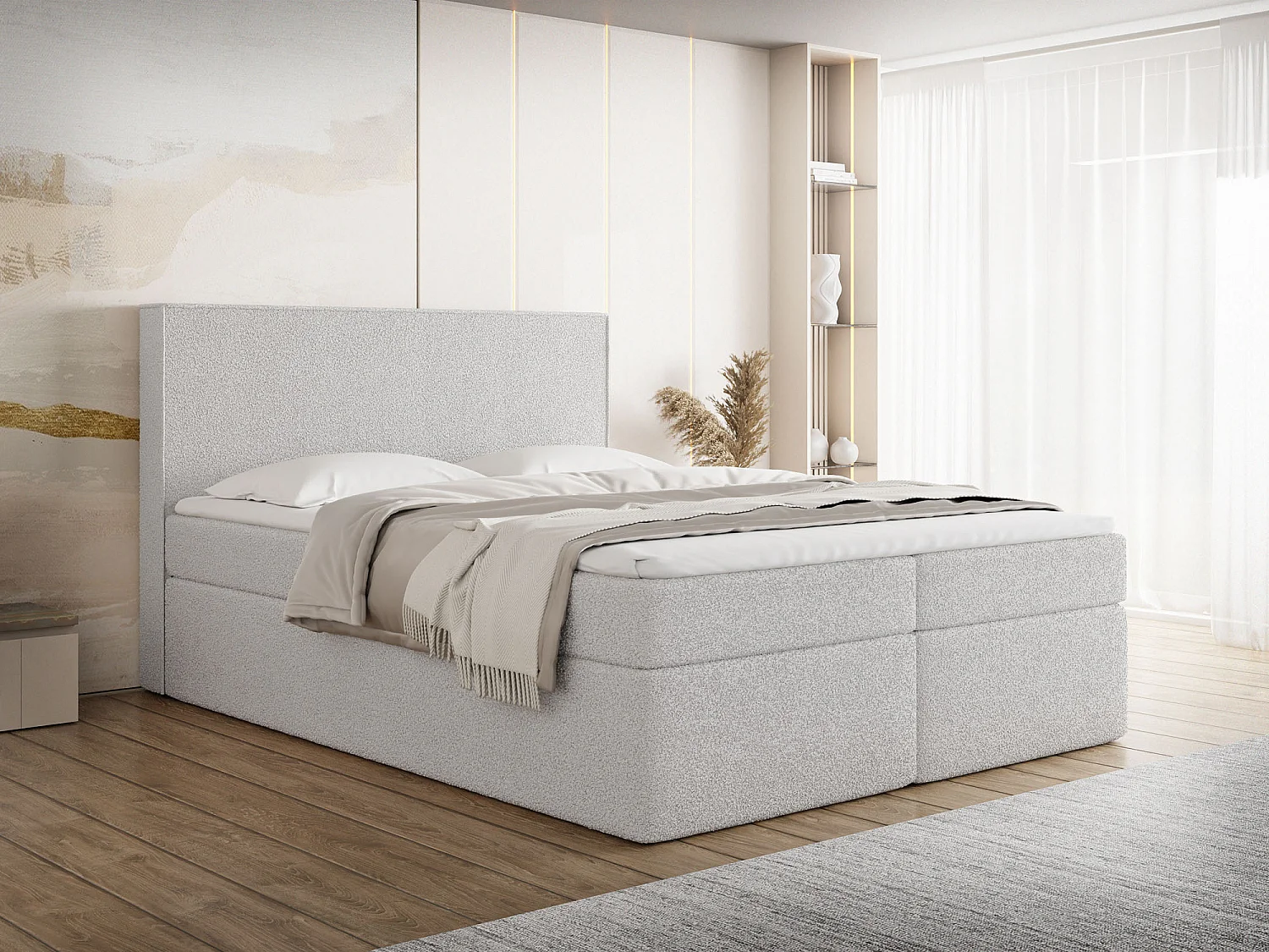 Boxspringbett 160x200 mit Bettkasten, Gepolstert Doppelbett mit H4 Bonell-Matratze, H2 Visco-Topper – Stauraumbett mit hohem Kopfteil, Boucle Stoff – Terra – Grau