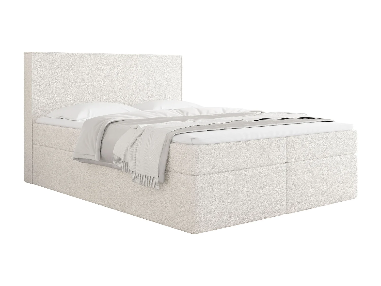Boxspringbett 160x200 mit Bettkasten, Gepolstert Doppelbett mit H4 Bonell-Matratze, H2 Visco-Topper – Stauraumbett mit hohem Kopfteil, Boucle Stoff – Terra – Creme