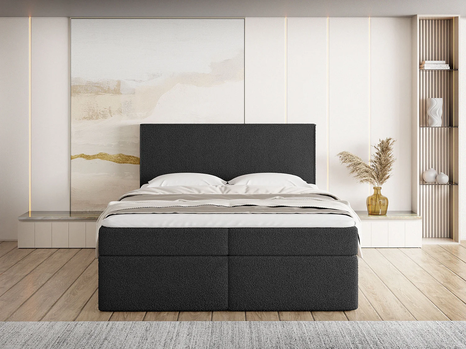 Boxspringbett 180x200 cm mit Bettkasten, Gepolstert Doppelbett mit 7-Zonen Taschenfederkern-Matratze, 5 cm Komfortschaum-Topper Inklusive – Boucle Stoff Schwarz