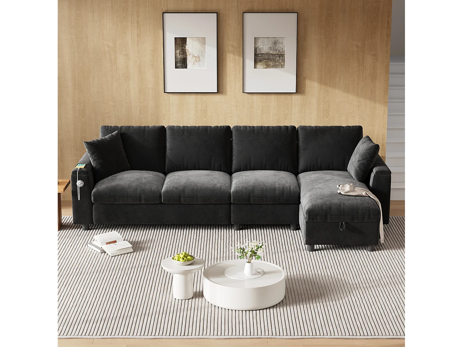 Canapé d'angle 4 palces avec 2 accoudoirs et rangement + table basse rabattable avec 2 porte-gobelets + USB - chenille - gris