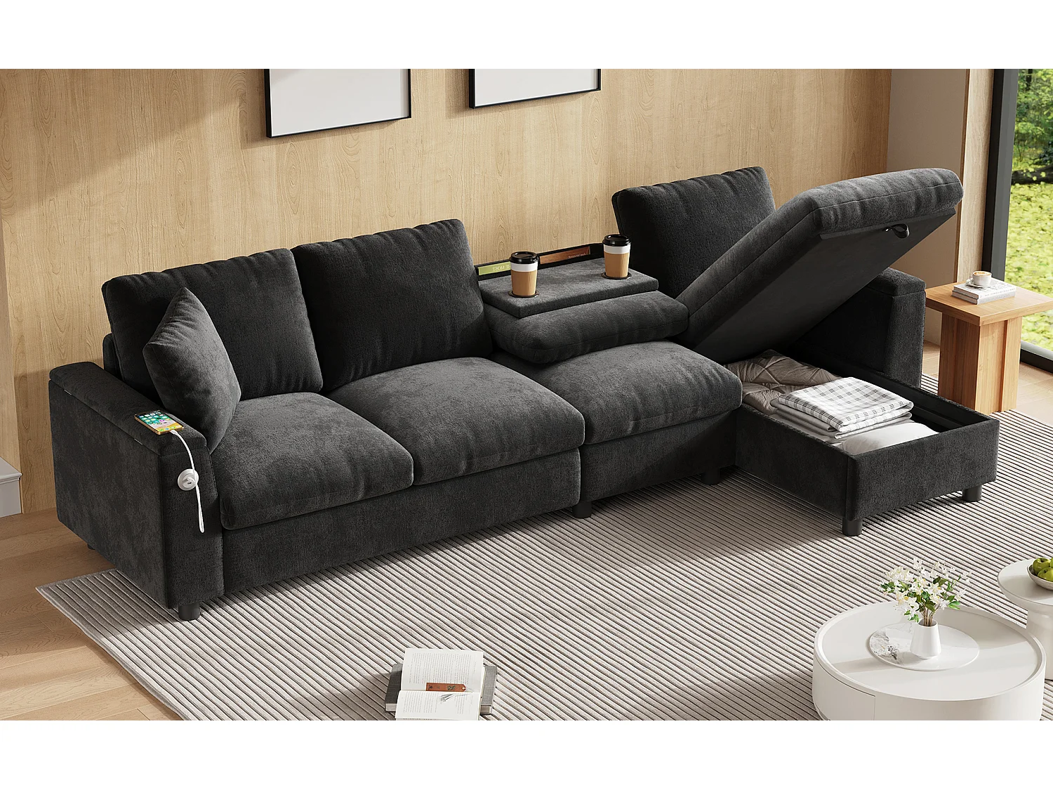 Canapé d'angle 4 palces avec 2 accoudoirs et rangement + table basse rabattable avec 2 porte-gobelets + USB - chenille - gris