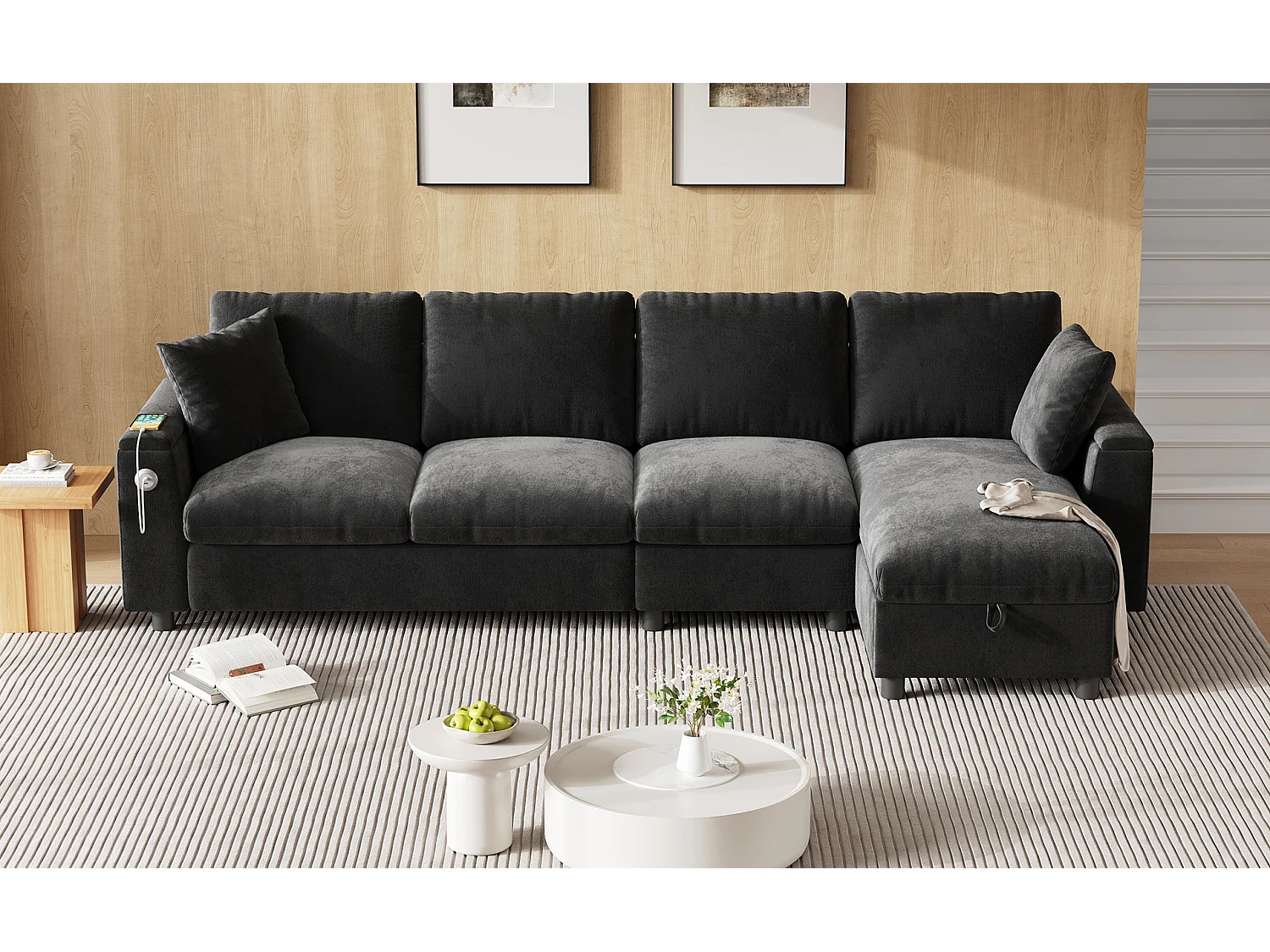 Canapé d'angle 4 palces avec 2 accoudoirs et rangement + table basse rabattable avec 2 porte-gobelets + USB - chenille - gris