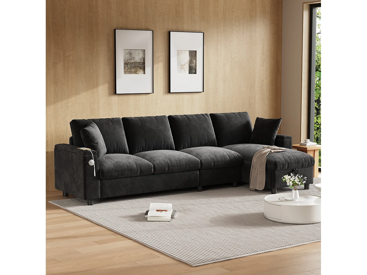 4-Sitzer-Ecksofa mit 2 Armlehnen und Stauraum + Klapptisch mit 2 Getränkehaltern + USB-Anschluss – Chenille – Grau